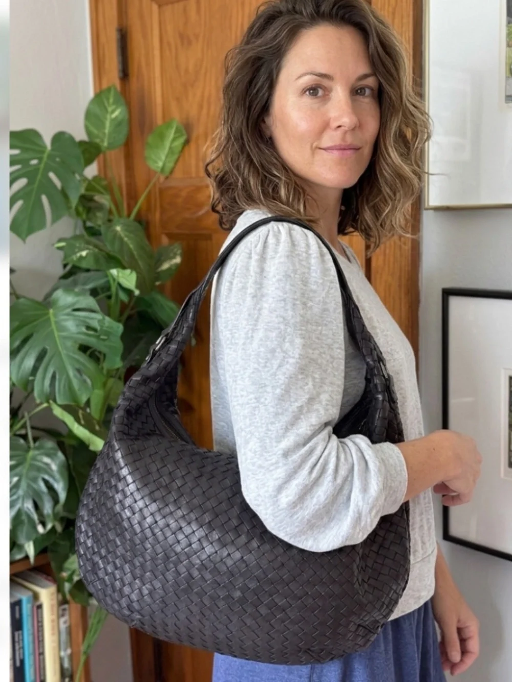 Christopher Kon Black Leather Woven Slouchy Shoulder Hobo Bag Tote Purse Designe